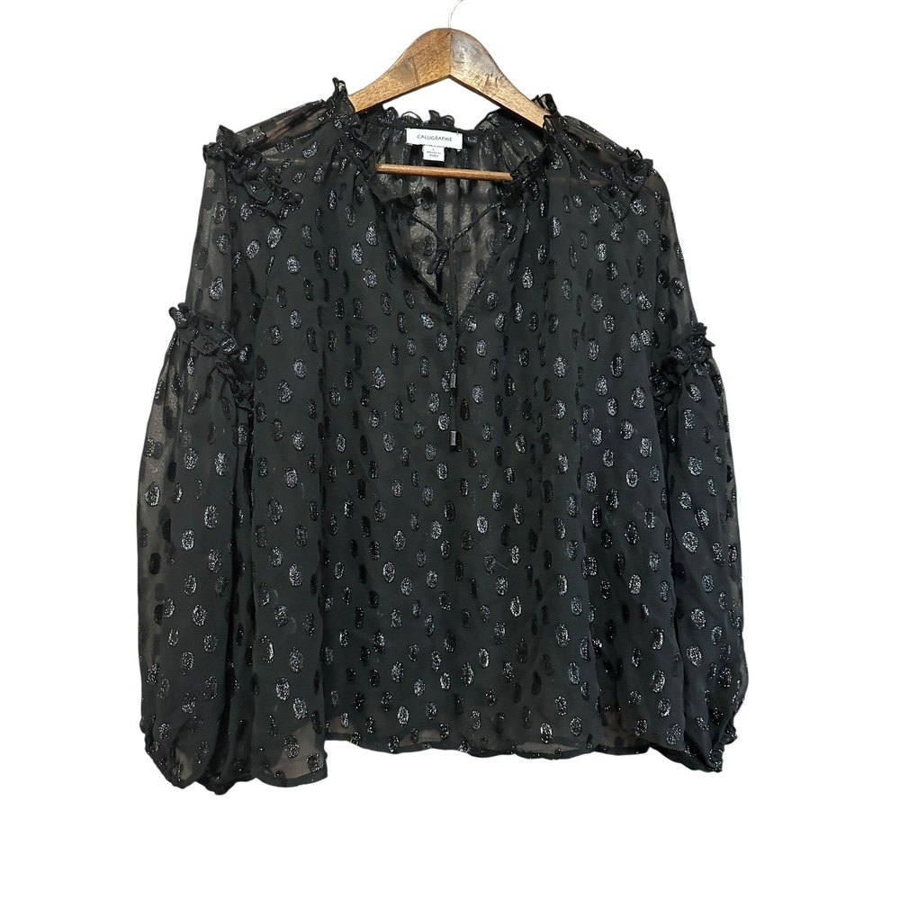Calligraphie Black‎ Sheer Top Silver Metallic Dot Ruffle Trim Long Sleeve Blouse
